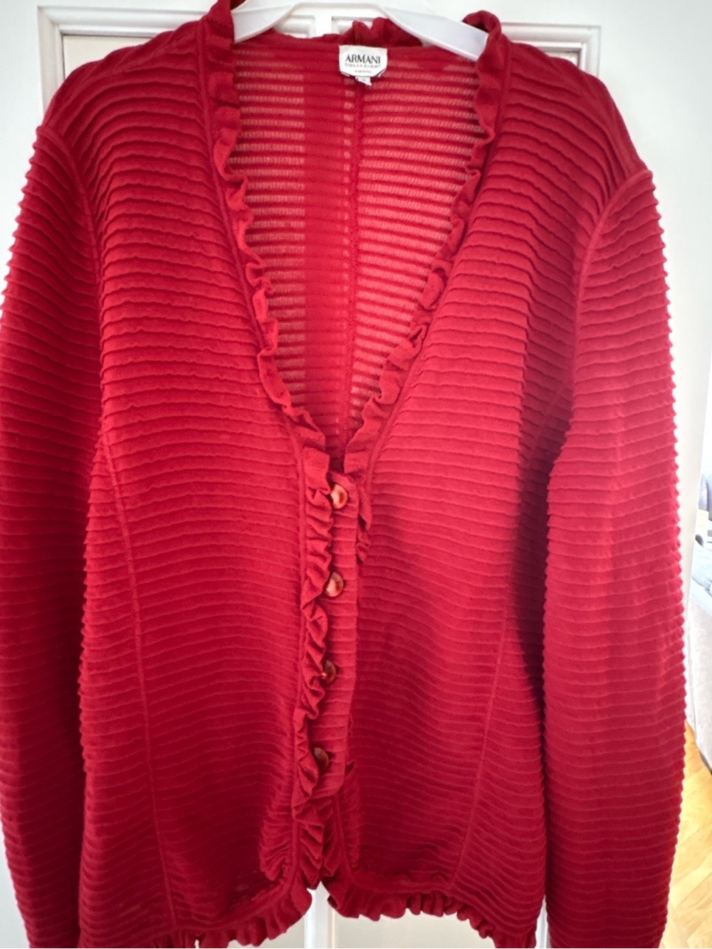Armani Collezioni Red Ruffle-Trim Ribbed Cardigan